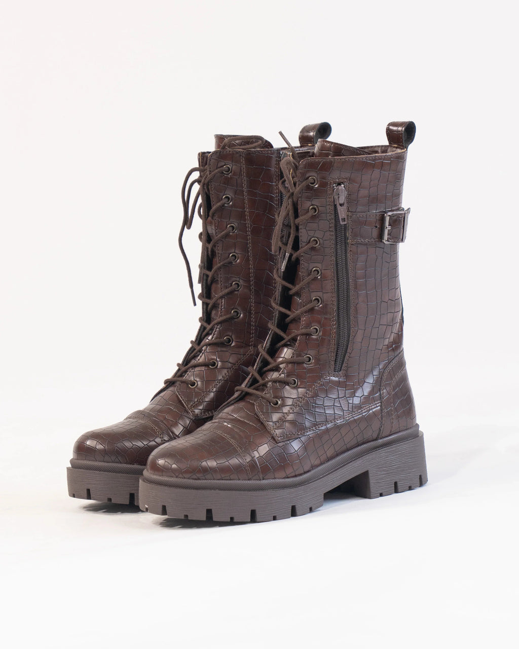 Round Toe Croco Textured Lace Up Boots In Brown