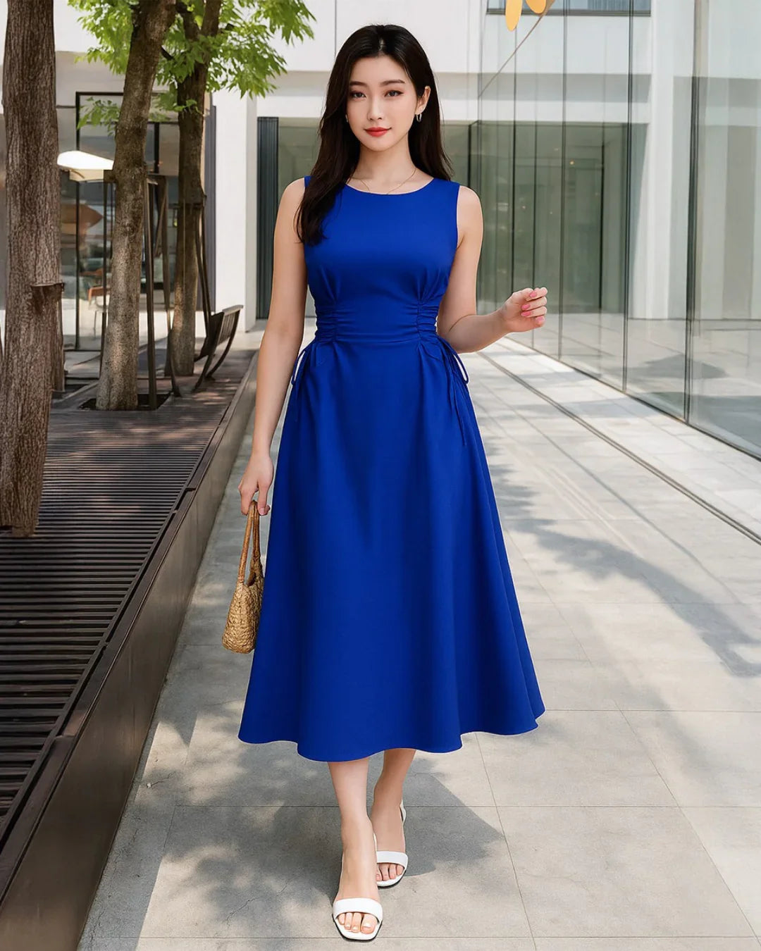 Royal Blue Sleeveless Midi Dress with Side Ruched Detail