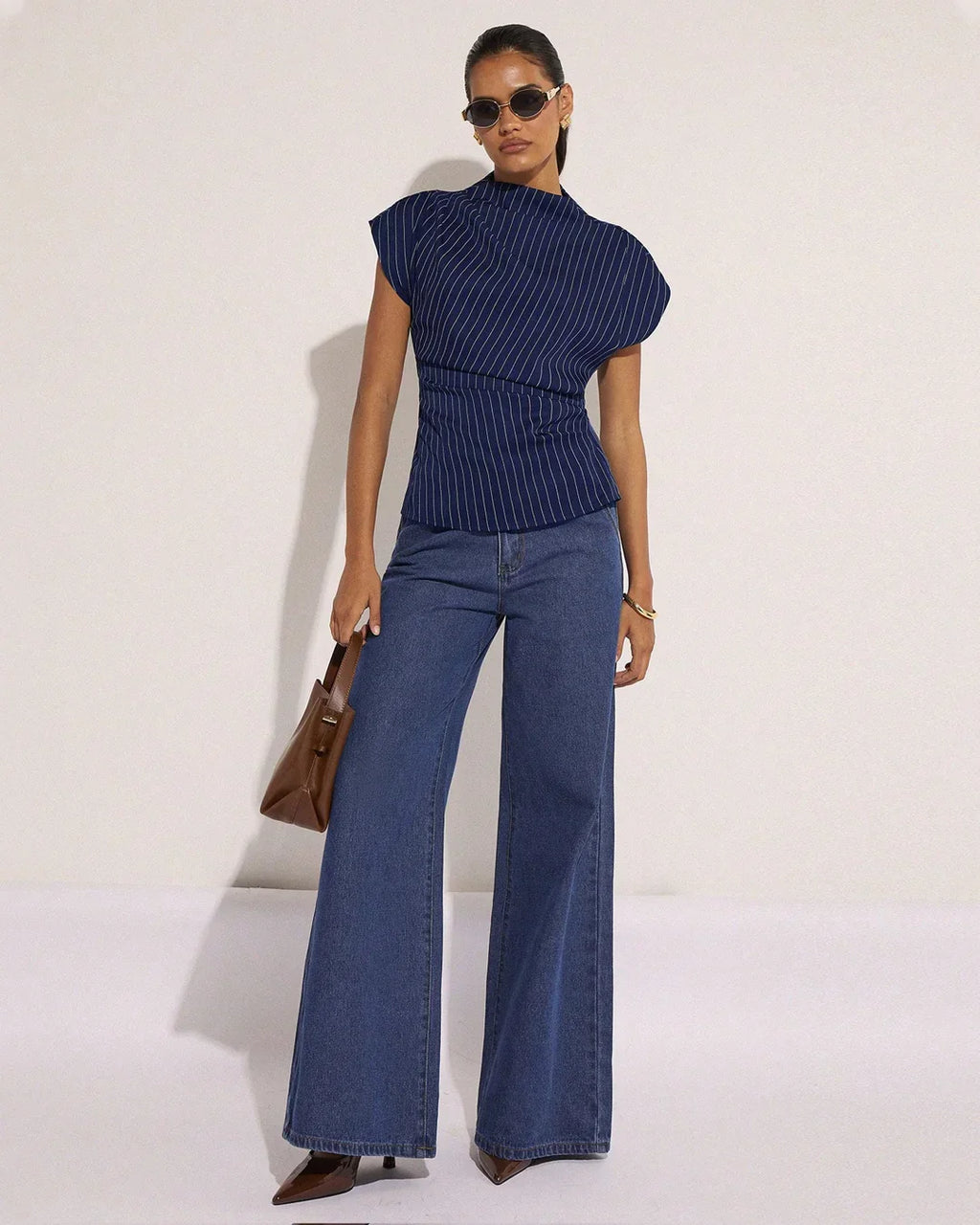 Ruched High Neck Cap Sleeve Top in Navy Blue