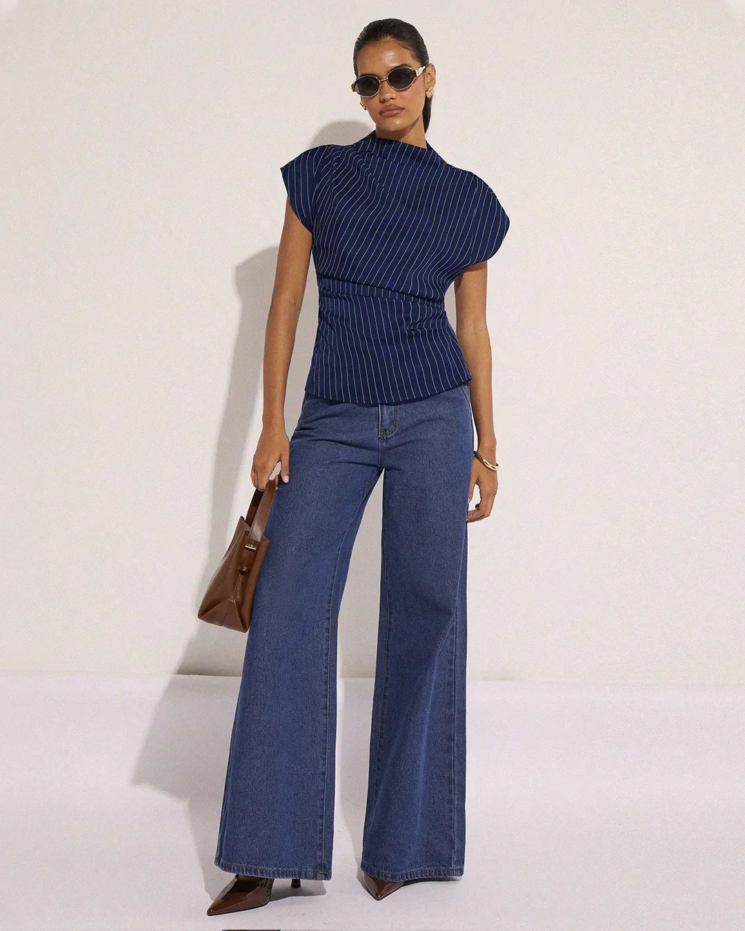 Ruched High Neck Cap Sleeve Top in Navy Blue