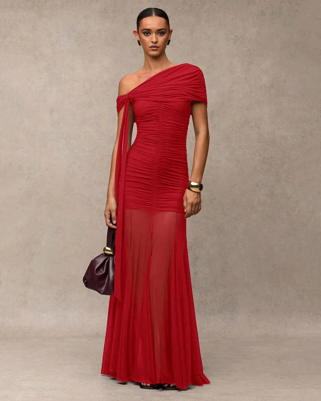 Ruched Asymmetrical Sleeve Maxi Dress in Red