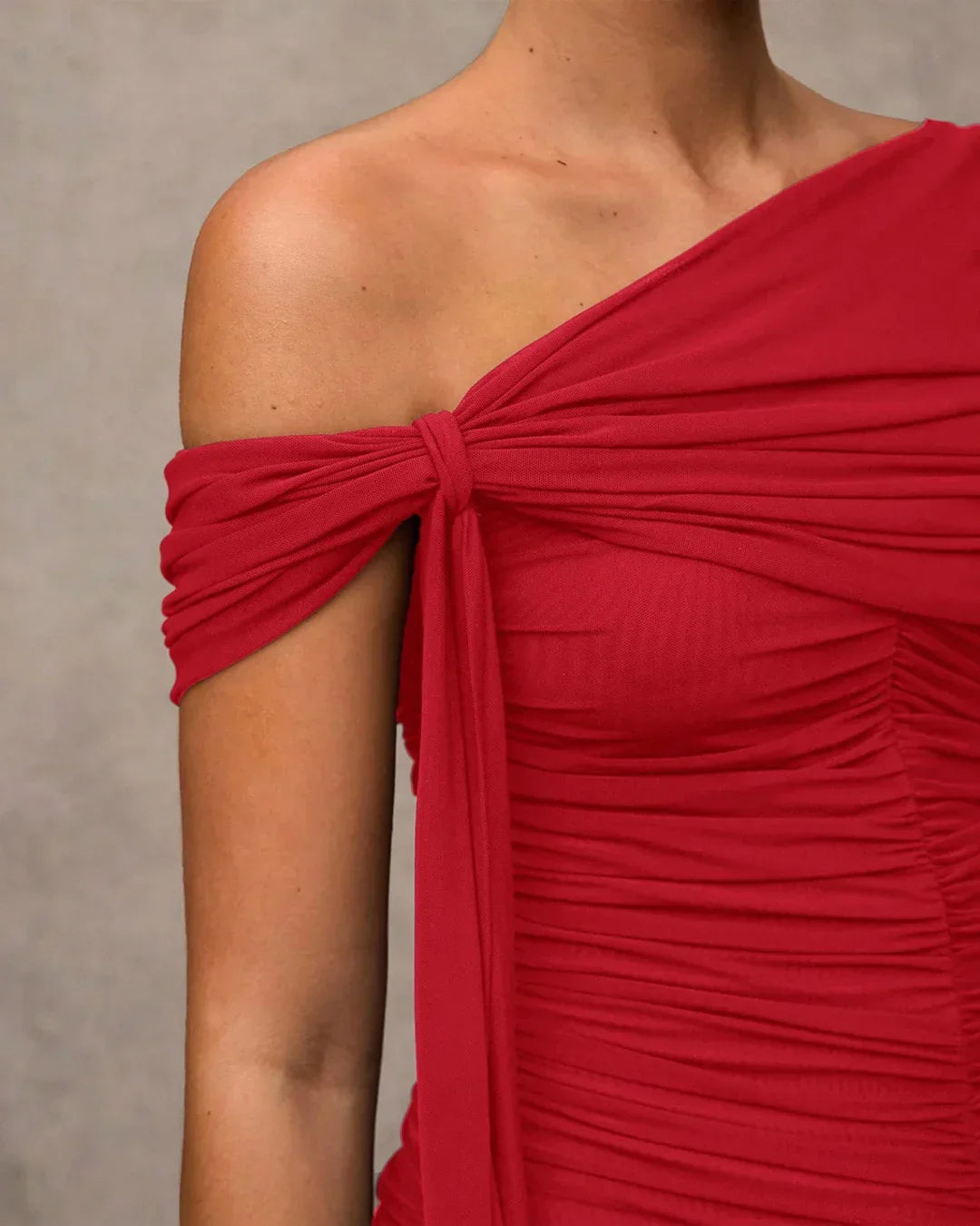 Ruched Asymmetrical Sleeve Maxi Dress in Red