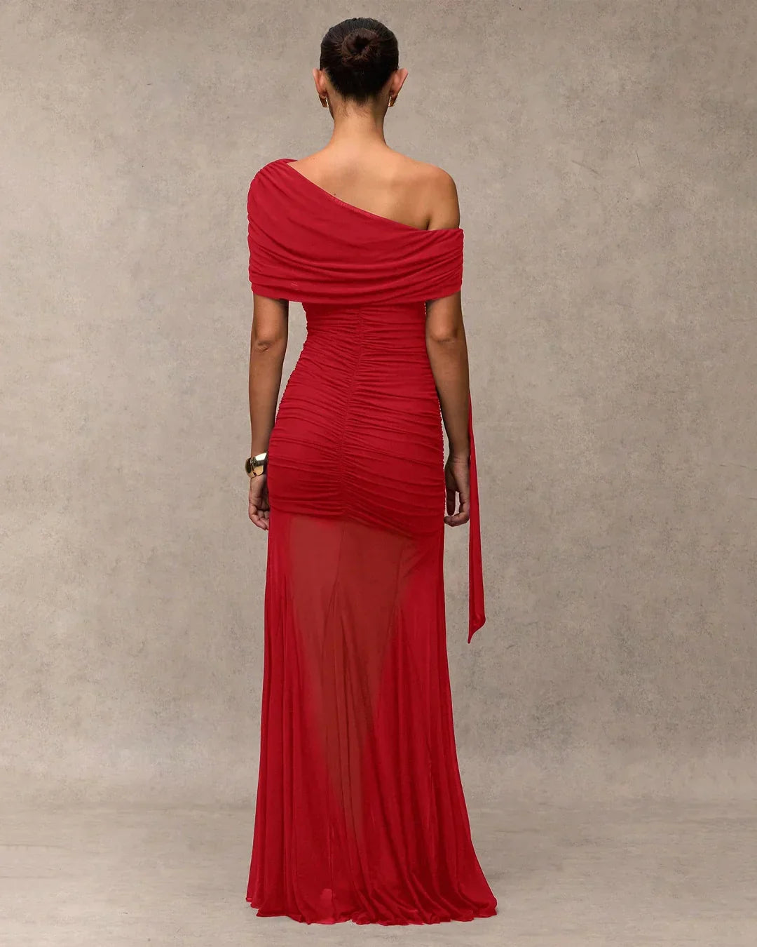 Ruched Asymmetrical Sleeve Maxi Dress in Red