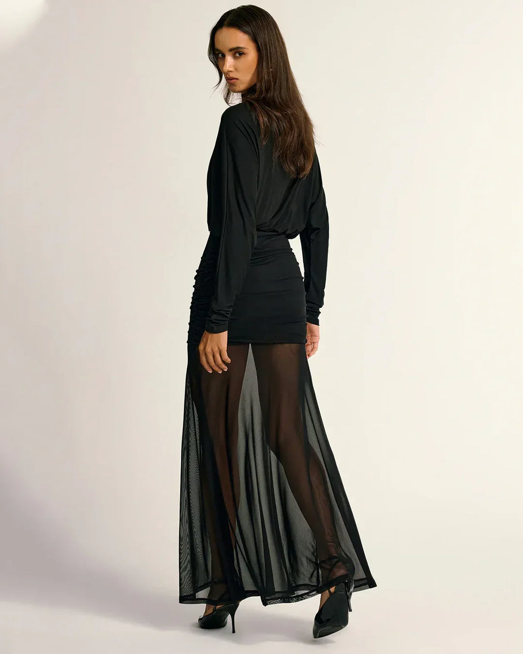 Ruched Black Full Sleeve Maxi Dress