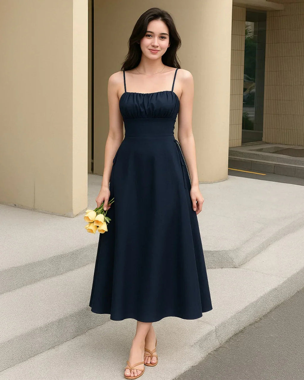 Ruched Bust Lace Up Side Spaghetti Straps Cami Dress In Navy Blue