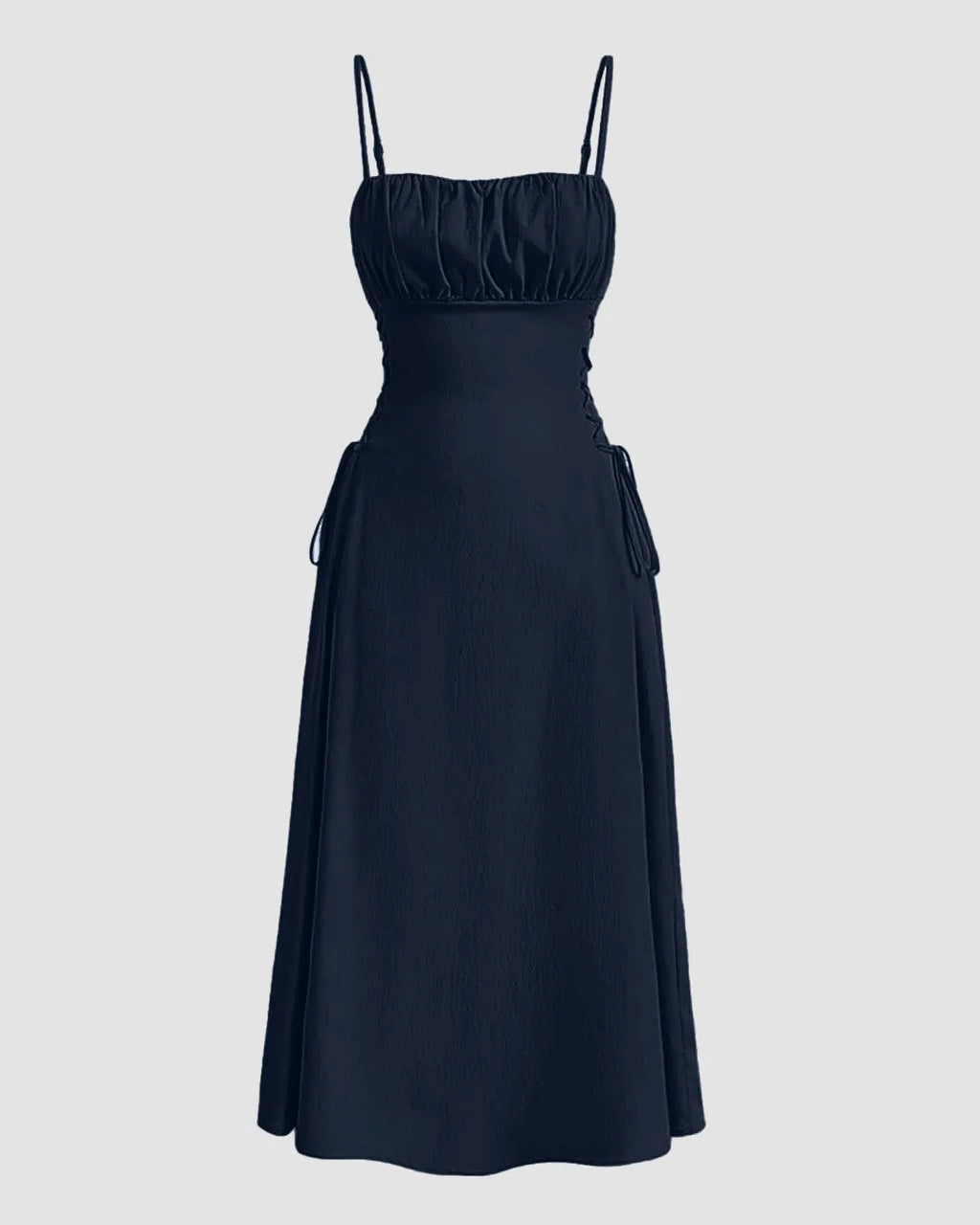 Ruched Bust Lace Up Side Spaghetti Straps Cami Dress In Navy Blue