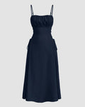 Ruched Bust Lace Up Side Spaghetti Straps Cami Dress In Navy Blue