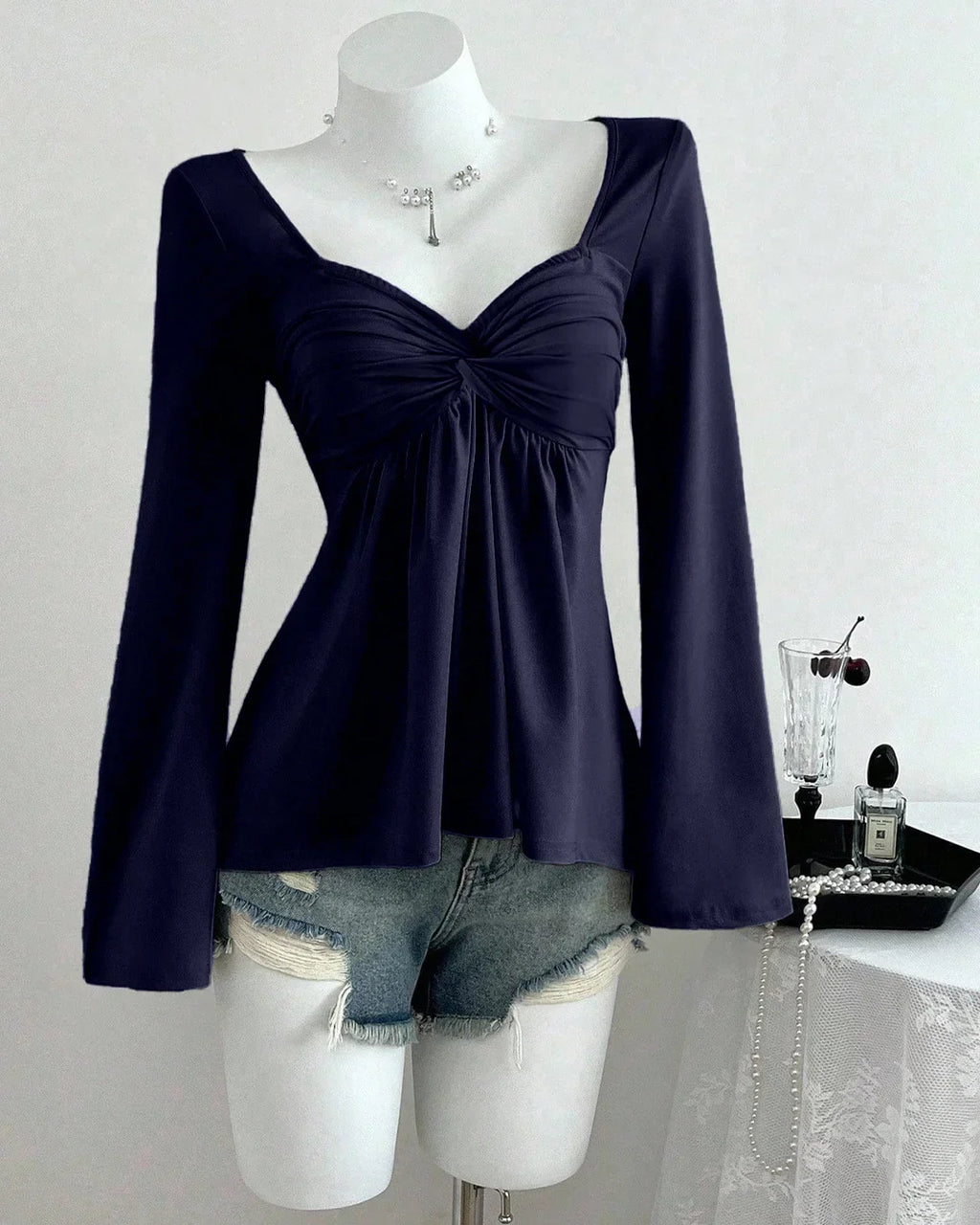 Ruched Bust Sweetheart Neck Full Sleeve Top in Navy Blue