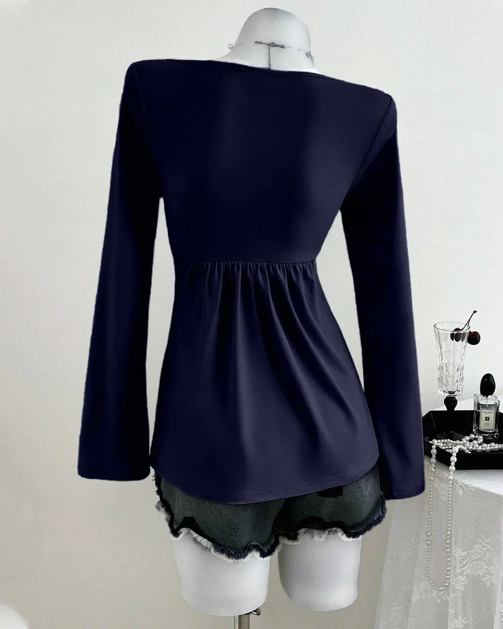Ruched Bust Sweetheart Neck Full Sleeve Top in Navy Blue
