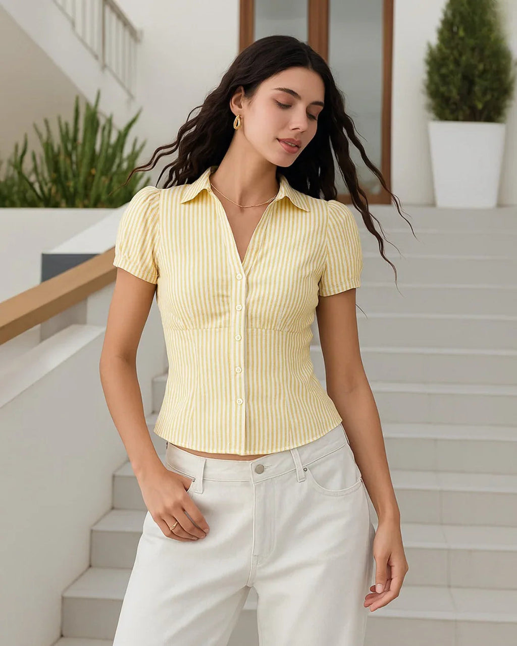 Ruched Button Down Puff Sleeve Top in Yellow