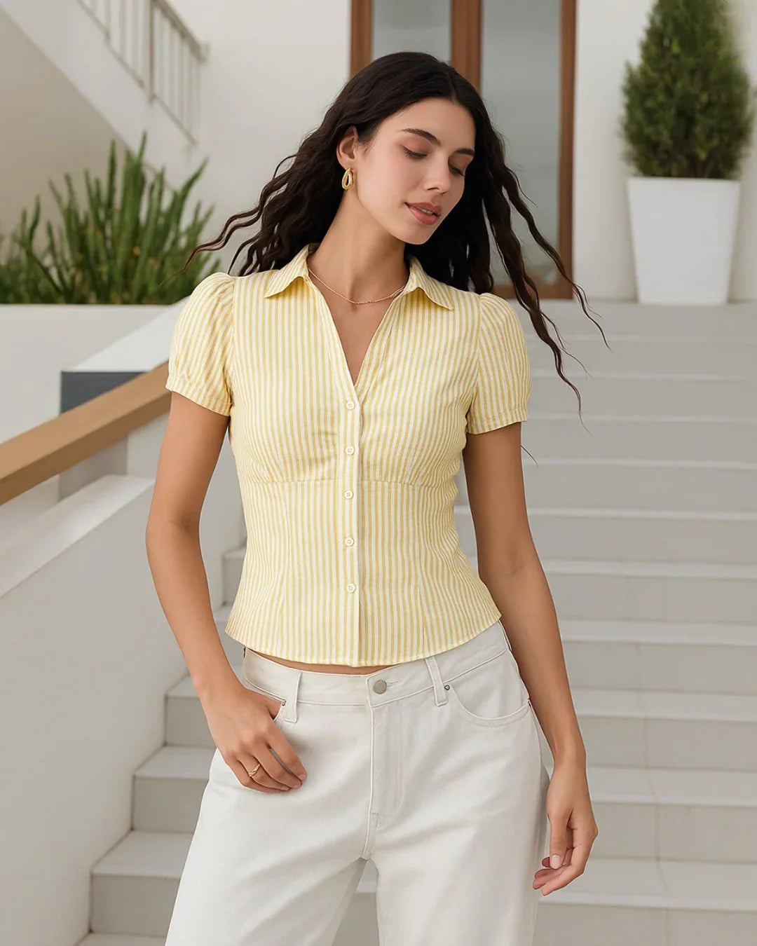 Ruched Button Down Puff Sleeve Top in Yellow