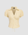 Ruched Button Down Puff Sleeve Top in Yellow