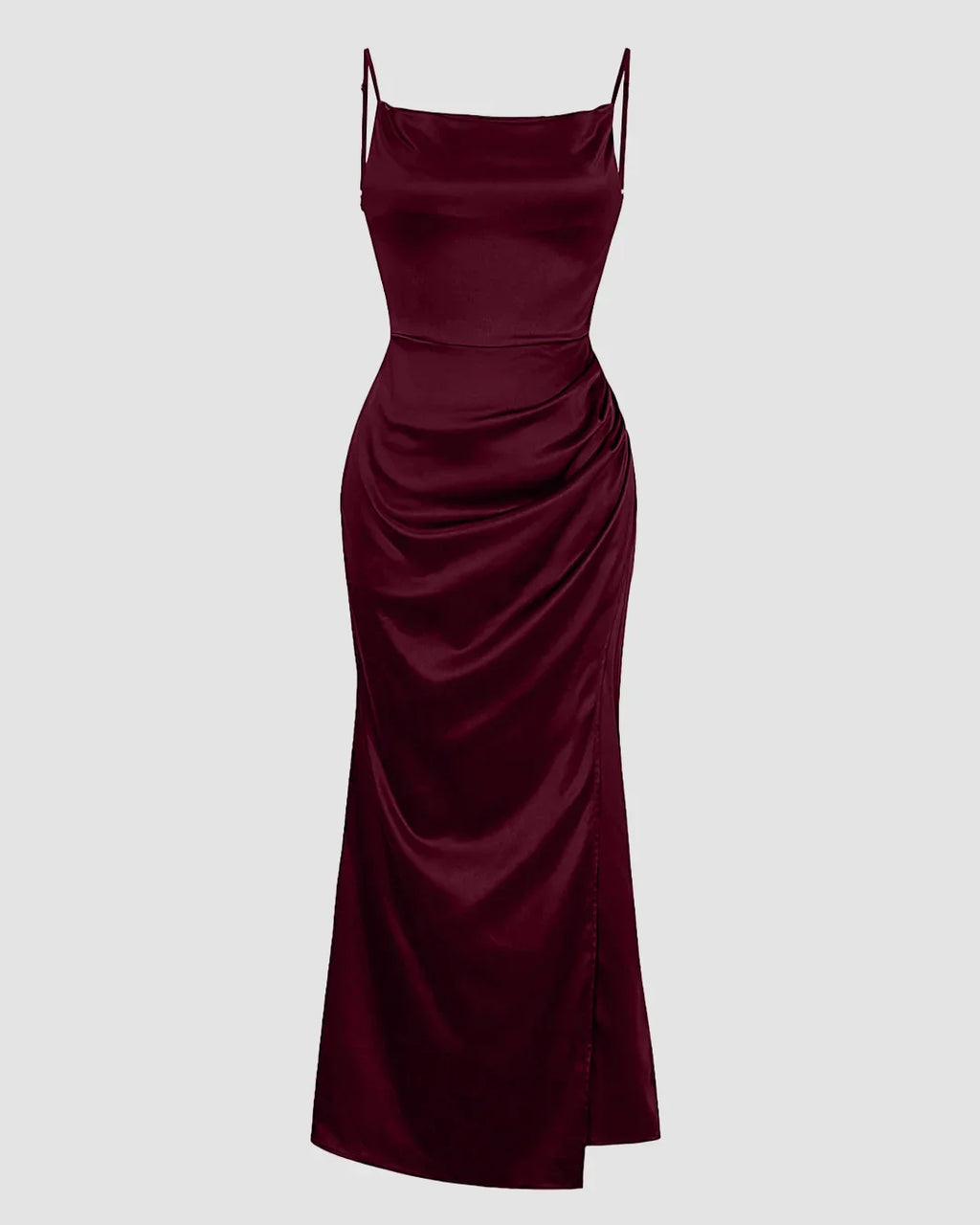 Ruched Cowl Neck Maxi Dress in Maroon