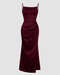 Ruched Cowl Neck Maxi Dress in Maroon