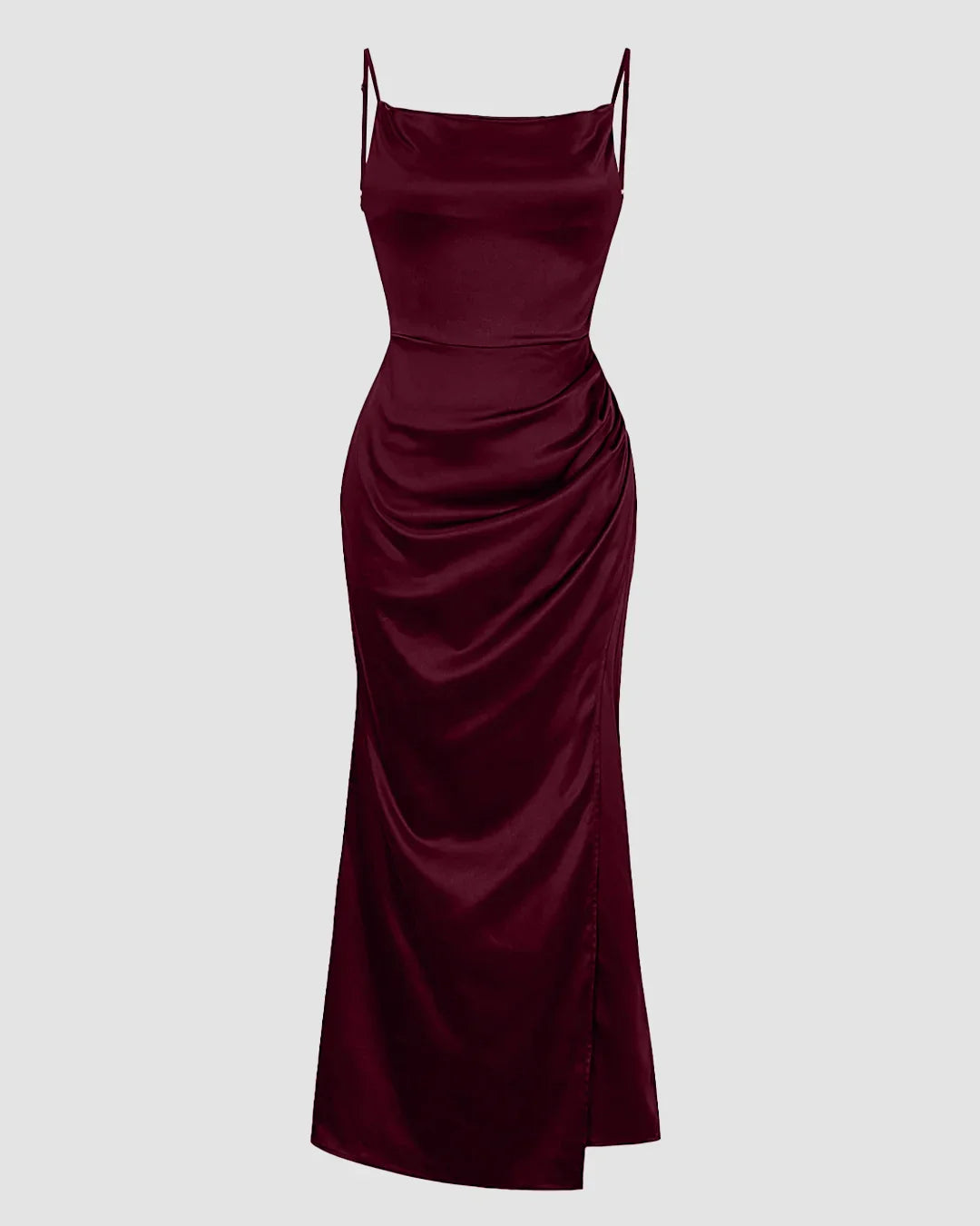 Ruched Cowl Neck Maxi Dress in Maroon