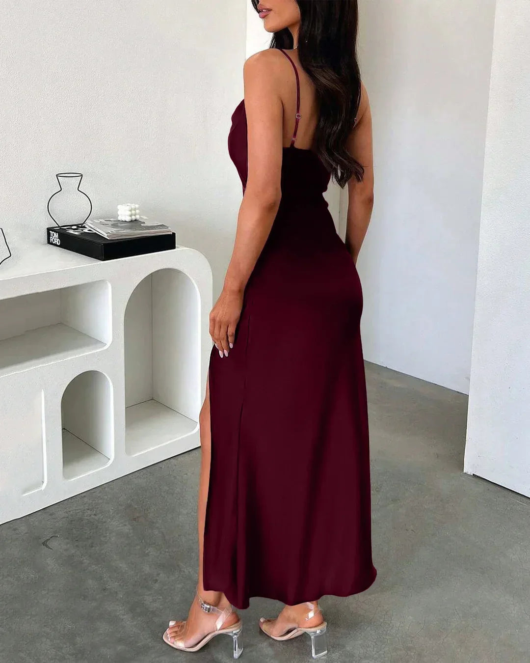 Ruched Cowl Neck Maxi Dress in Maroon
