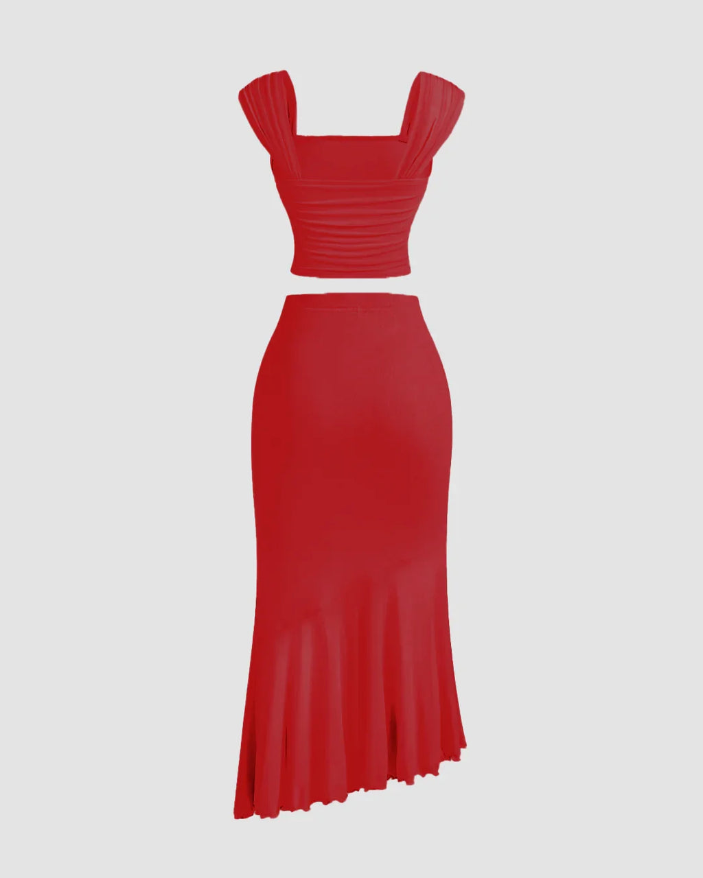Ruched Crop Top & Asymmetric Hem Skirt Set in Dark Red