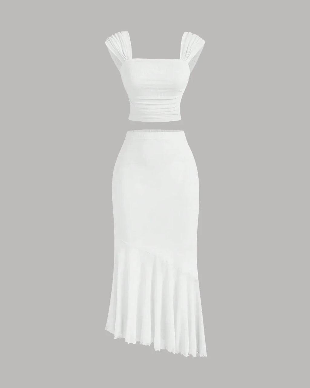 Ruched Crop Top & Asymmetric Hem Skirt Set in White
