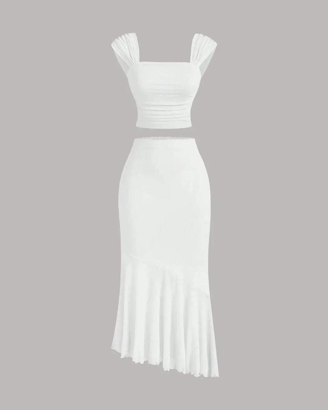 Ruched Crop Top & Asymmetric Hem Skirt Set in White