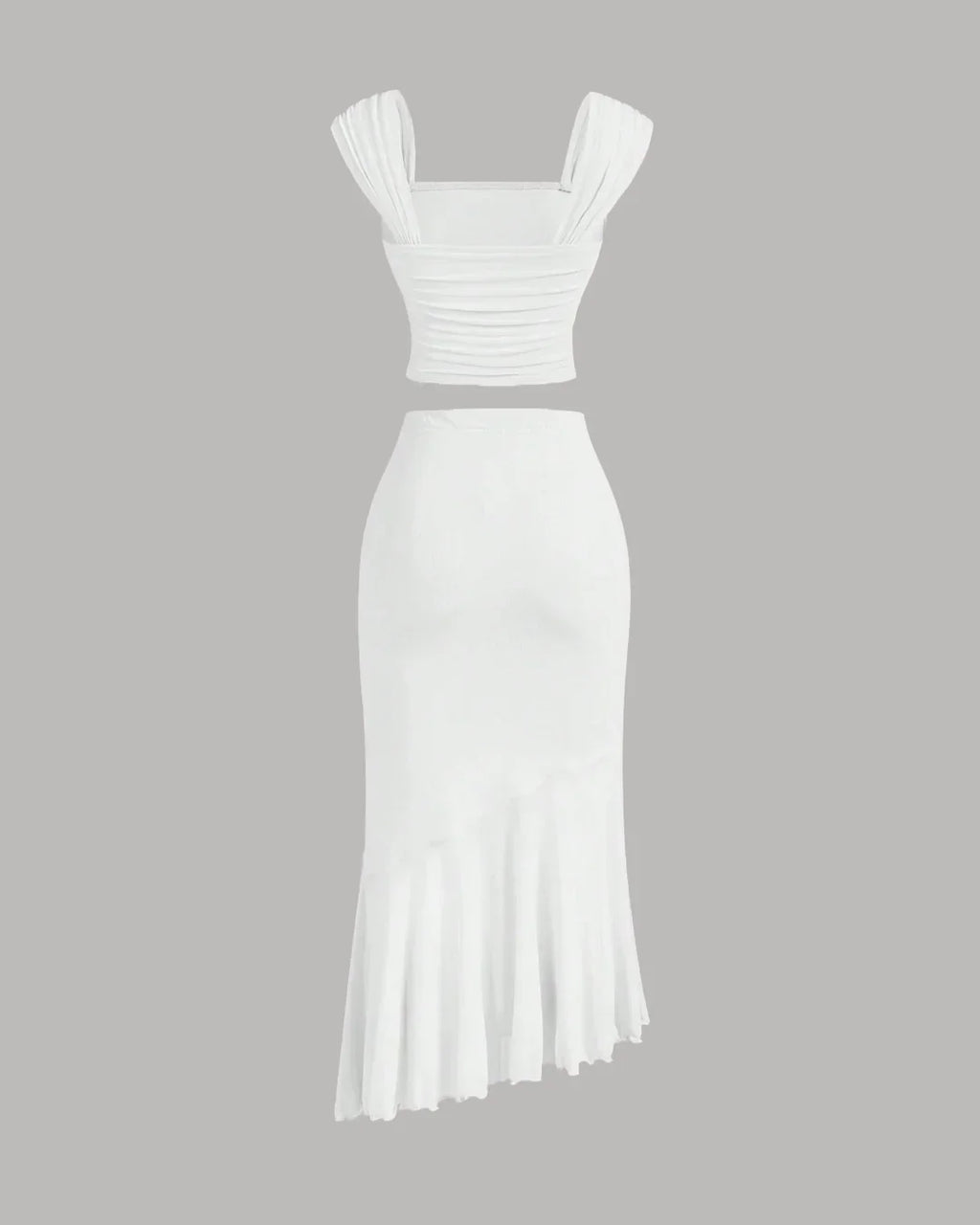 Ruched Crop Top & Asymmetric Hem Skirt Set in White