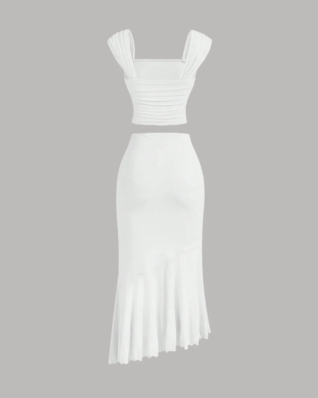 Ruched Crop Top & Asymmetric Hem Skirt Set in White