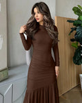 Ruched Full Sleeve Midi Dress in Coco