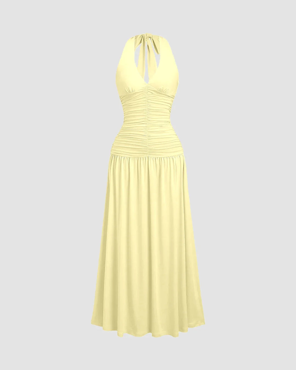 Ruched Halter Neck Backless Midi Dress in Vanilla