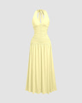Ruched Halter Neck Backless Midi Dress in Vanilla