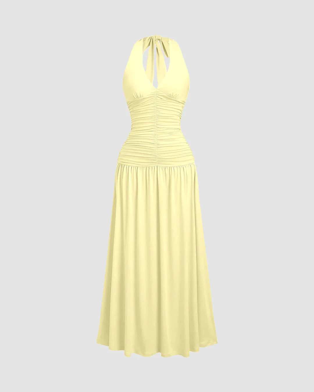 Ruched Halter Neck Backless Midi Dress in Vanilla