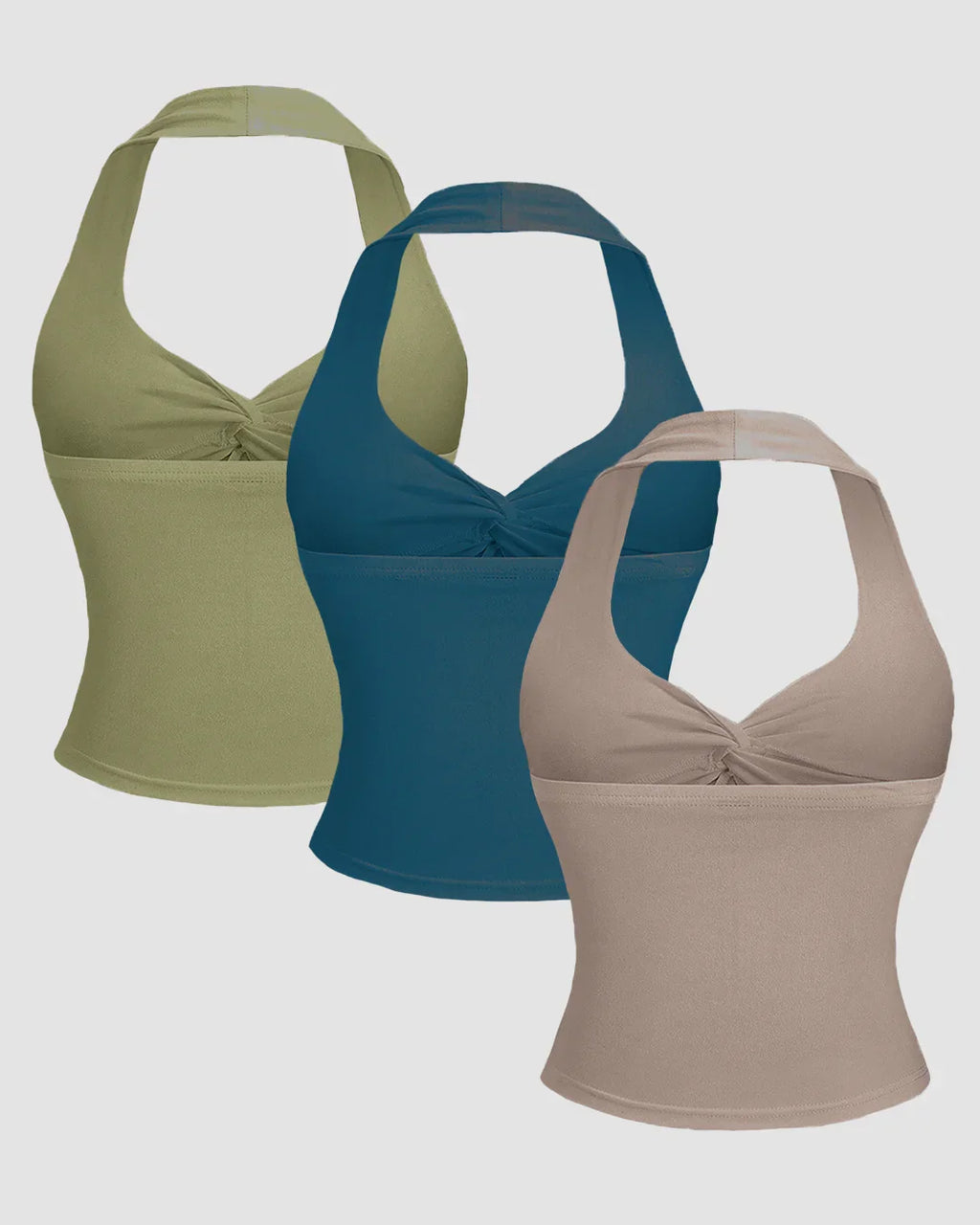 Ruched Halter Neck Combo Tops in Sage, Beige & Teal Blue