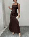 Ruched Halter Neck Maxi Dress in Coffee