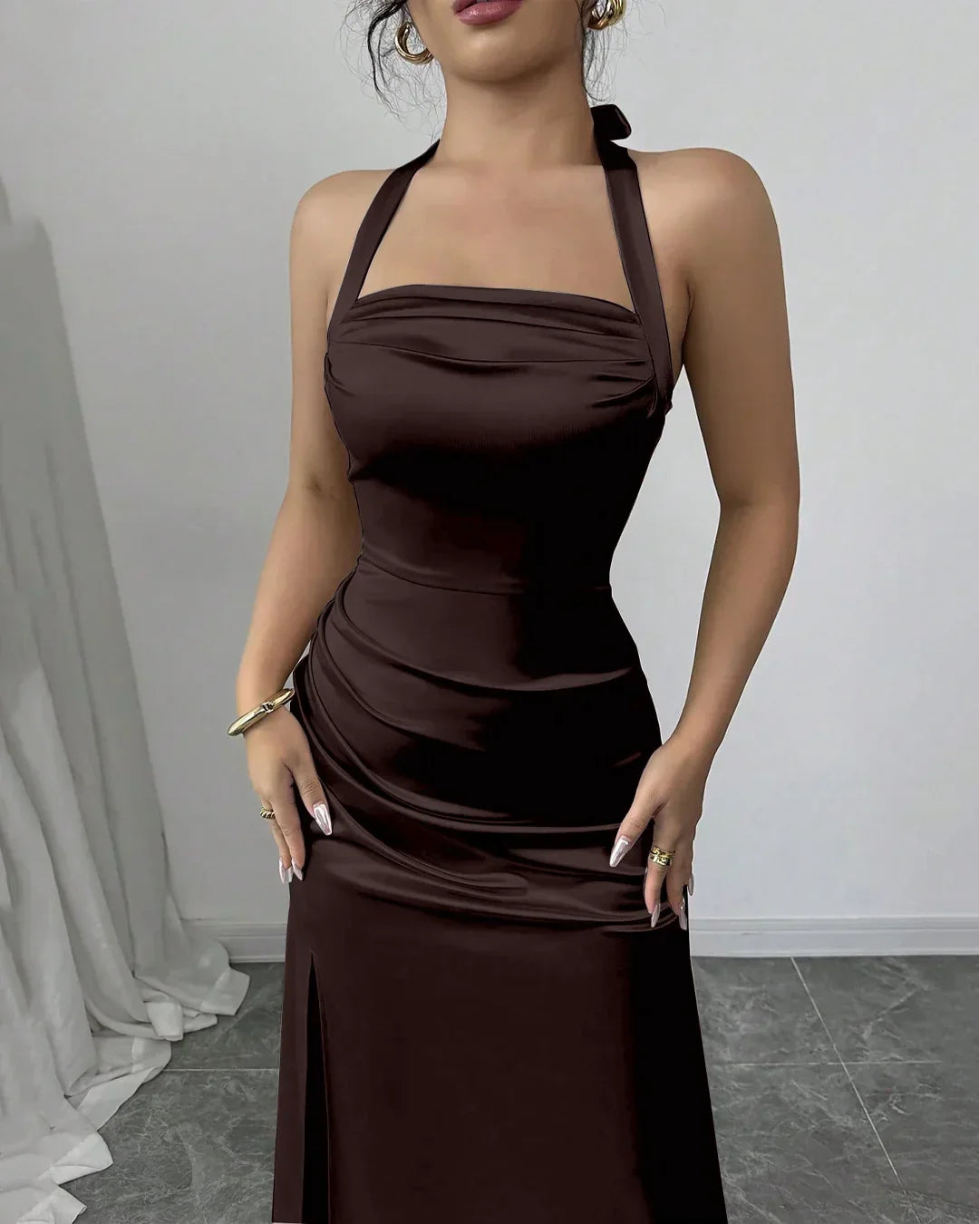 Ruched Halter Neck Maxi Dress in Coffee