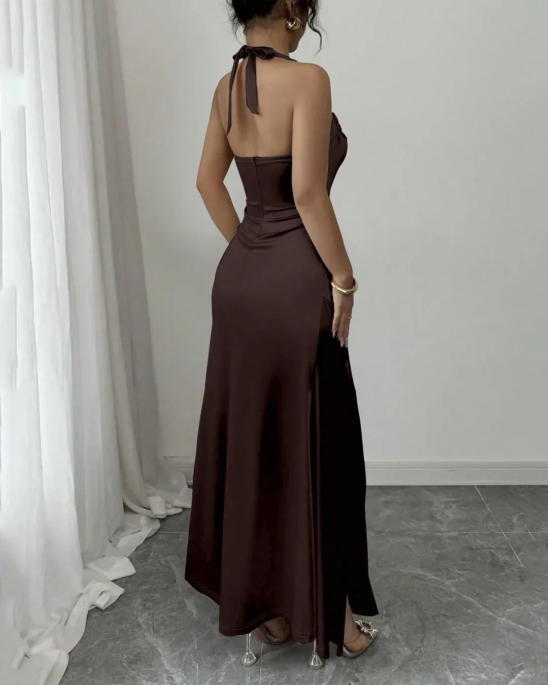 Ruched Halter Neck Maxi Dress in Coffee