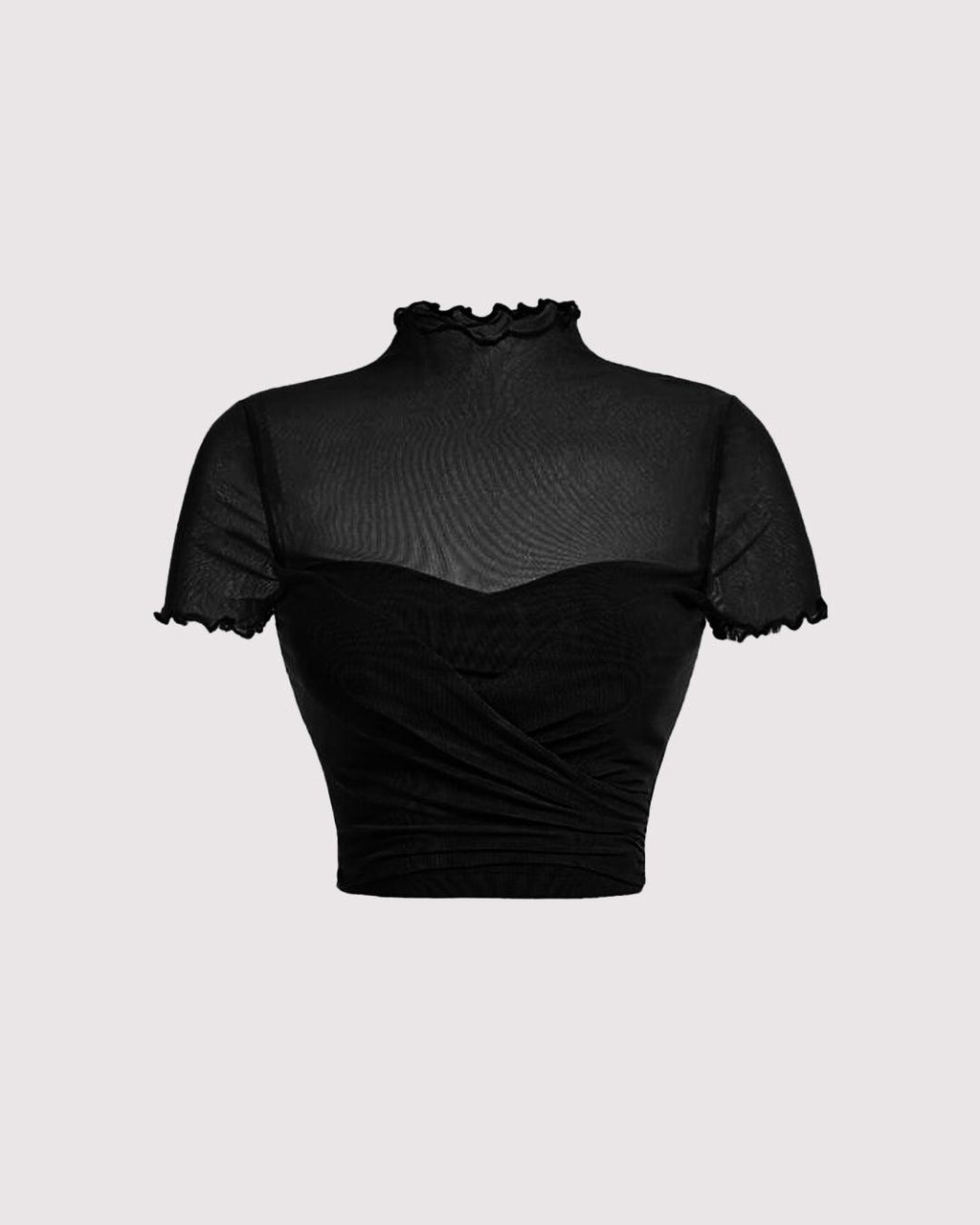 Ruched Lettuce Trim Black Mesh Crop Top
