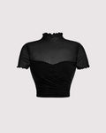 Ruched Lettuce Trim Black Mesh Crop Top