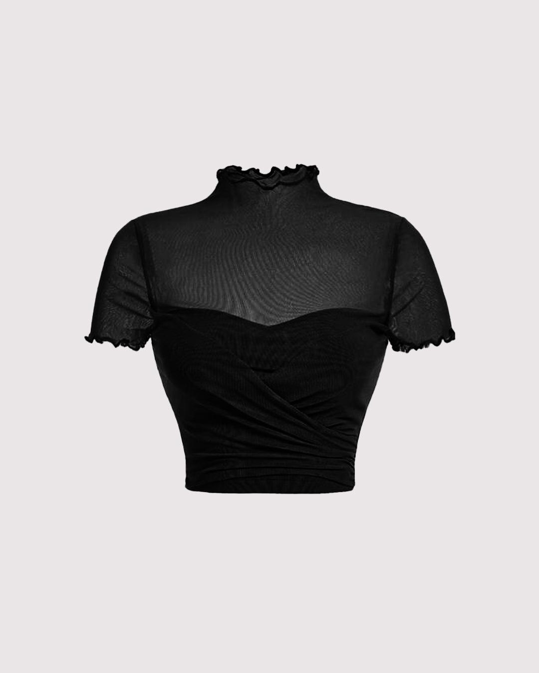 Ruched Lettuce Trim Black Mesh Crop Top