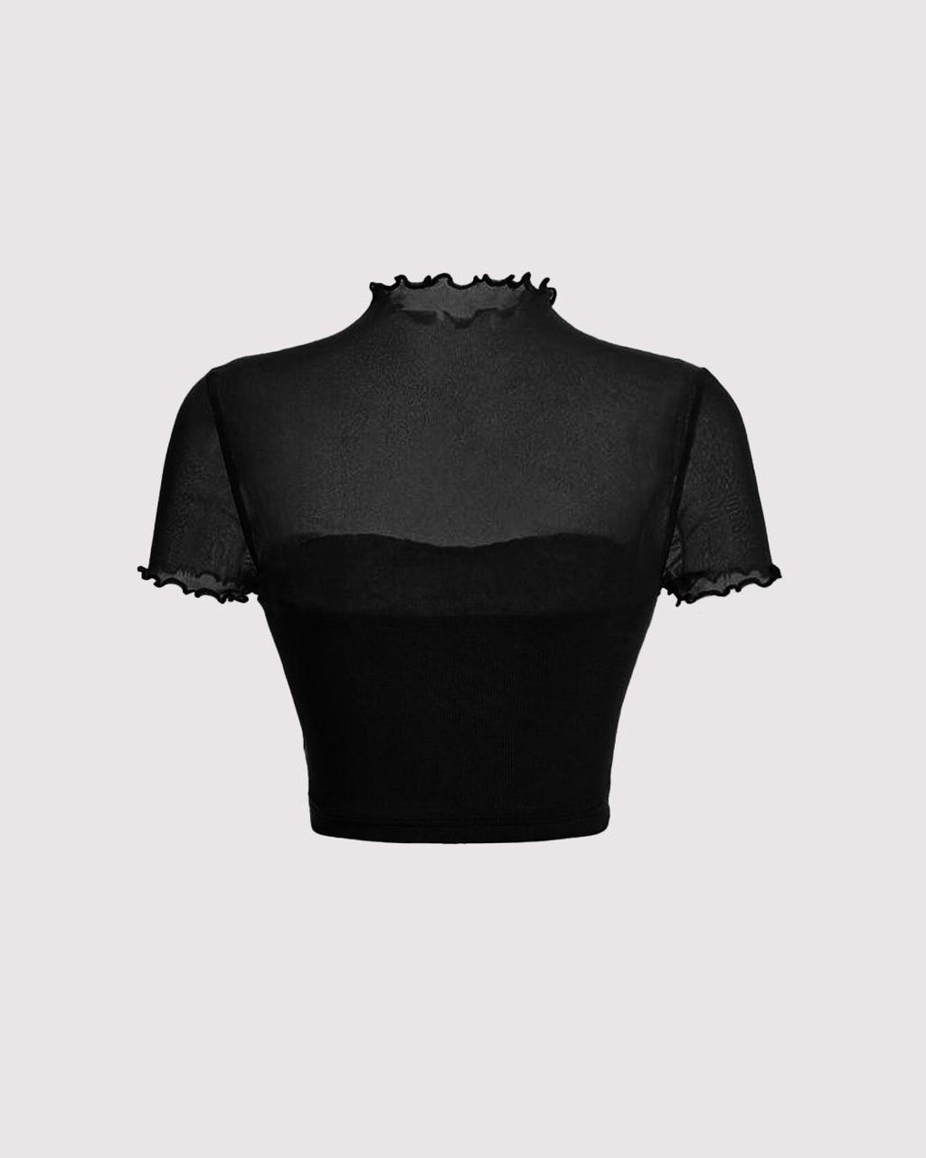 Ruched Lettuce Trim Black Mesh Crop Top