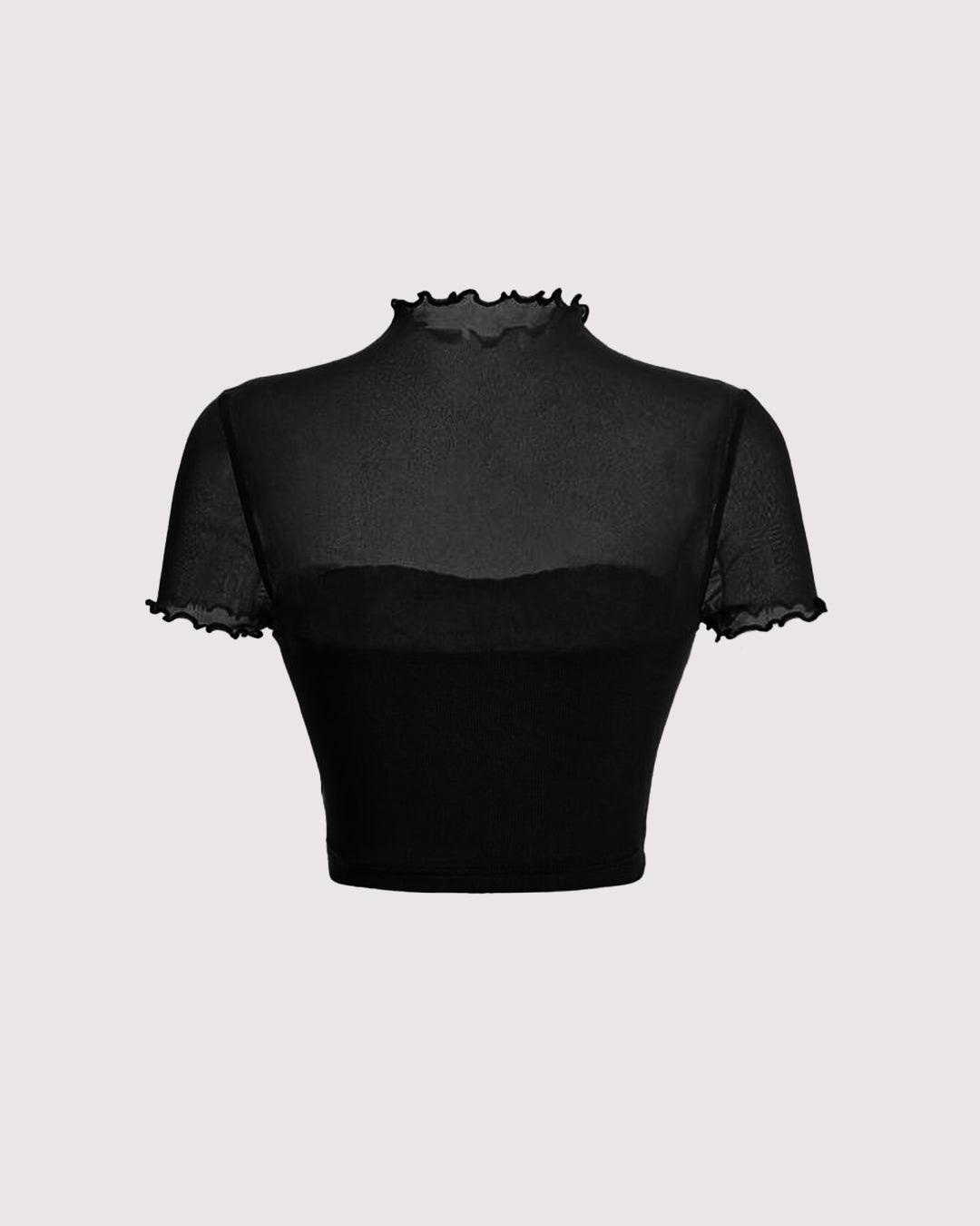 Ruched Lettuce Trim Black Mesh Crop Top