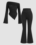 Ruched Long Sleeve Fitted Knit Top and Flare Pants Two Piece Set in Black