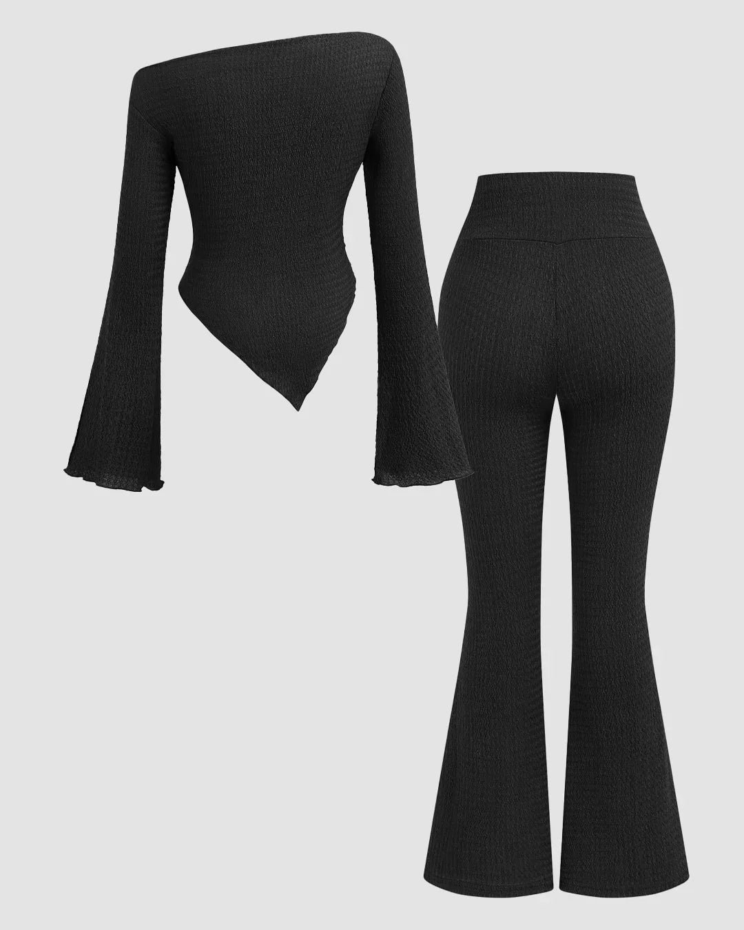 Ruched Long Sleeve Fitted Knit Top and Flare Pants Two Piece Set in Black