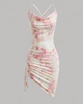 Ruched Mini Floral Print Cowl Neck Bodycon Dress