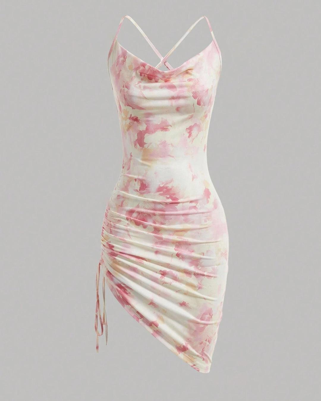 Ruched Mini Floral Print Cowl Neck Bodycon Dress