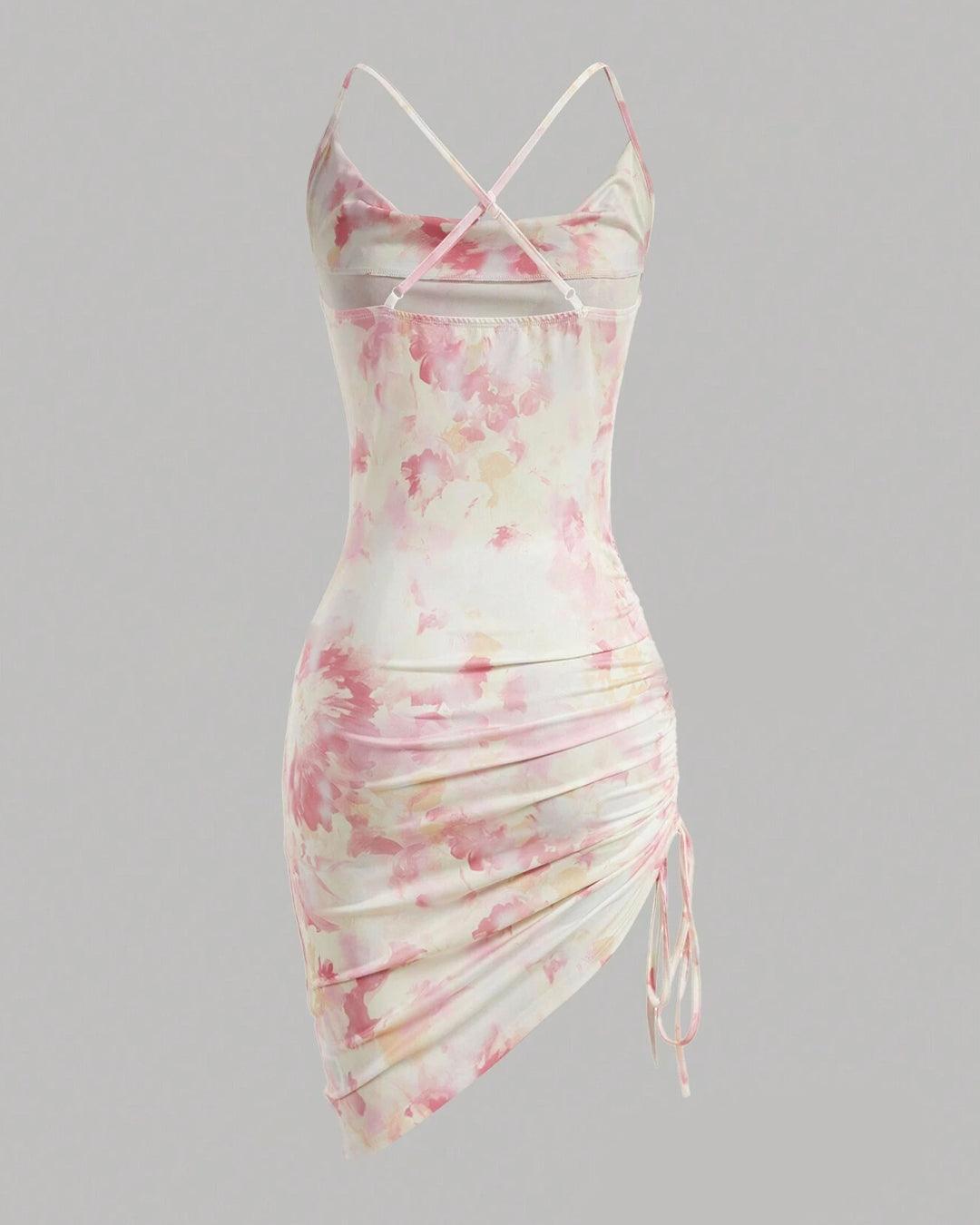 Ruched Mini Floral Print Cowl Neck Bodycon Dress