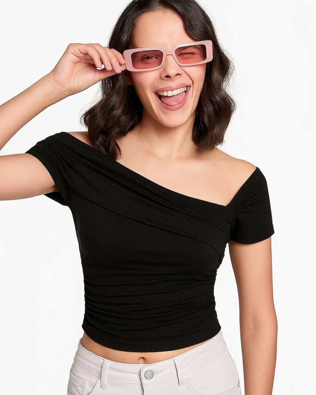 Ruched Off-Shoulder Short Sleeve Crop Top In Black