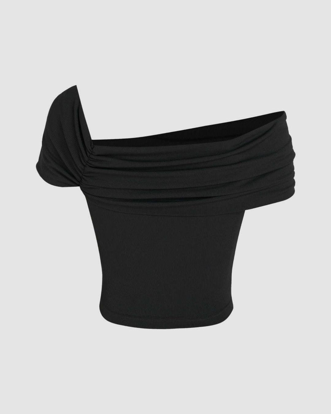 Ruched Off-Shoulder Short Sleeve Crop Top In Black