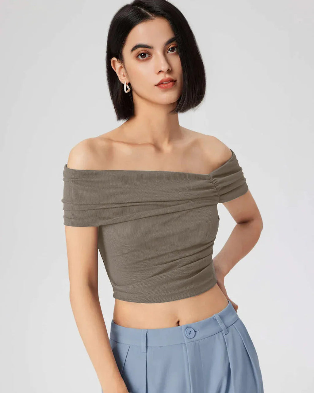 Ruched Off-Shoulder Short Sleeve Crop Top In Grey