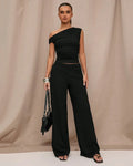 Ruched One-Shoulder Top with Matching Wide Leg Pants in Black
