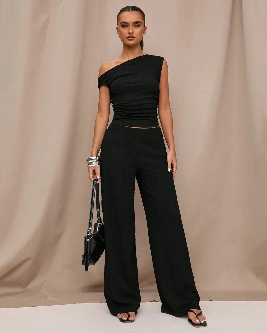 Ruched One-Shoulder Top with Matching Wide Leg Pants in Black