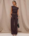 Ruched One-Shoulder Top with Matching Wide Leg Pants in Brown