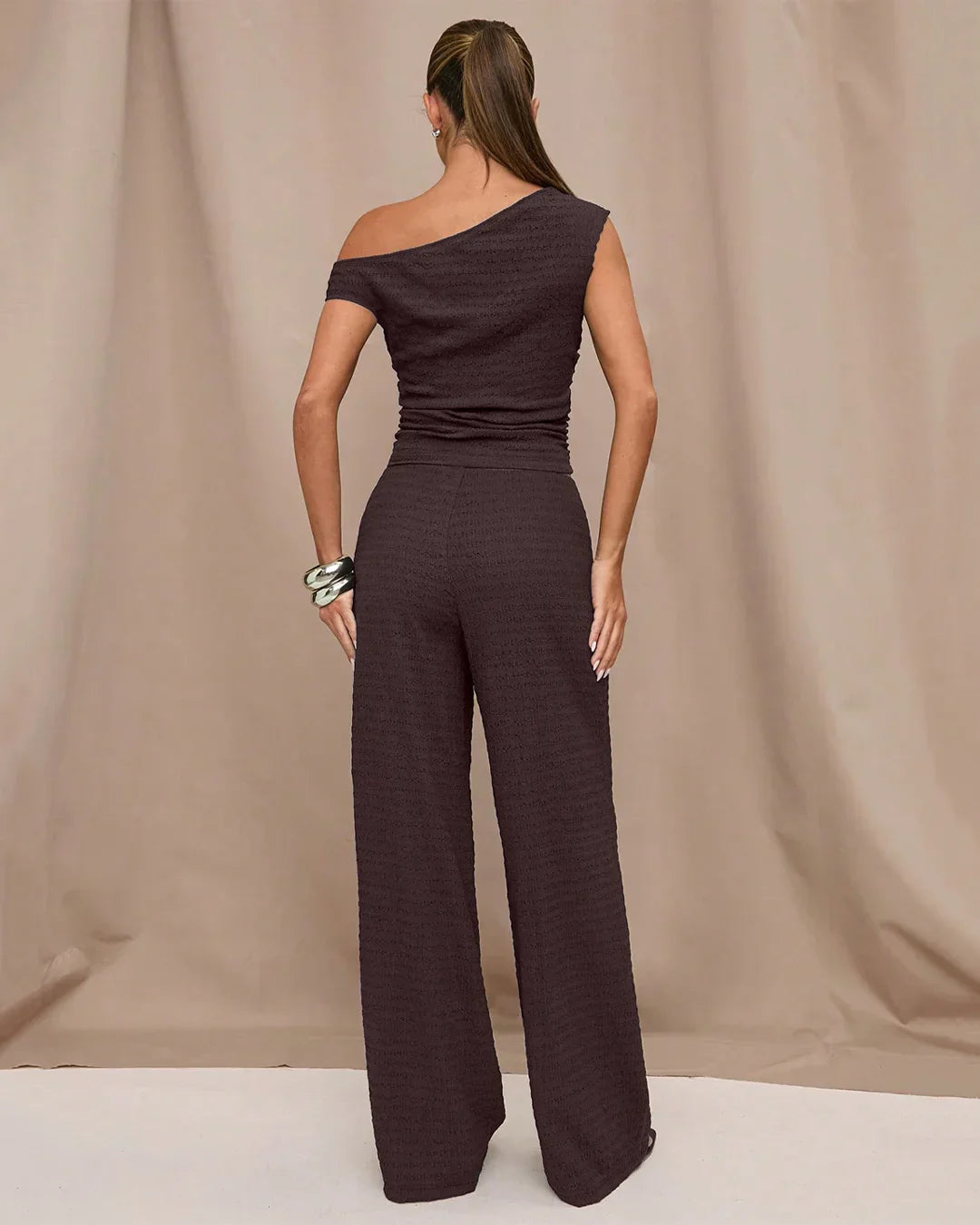 Ruched One-Shoulder Top with Matching Wide Leg Pants in Brown